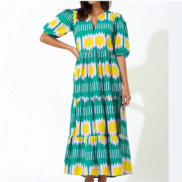Oliphant Maxi Dress Medium Puff Sleeve V Neck - Picture 1 of 12